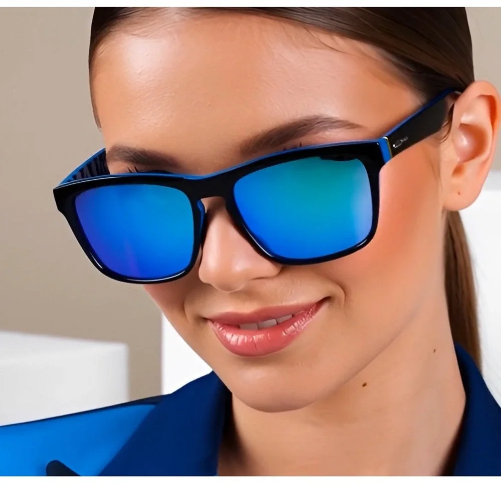 Polarized Sunglasses Women Black Blue Mirrored Lenses Square Frame UV Protection
